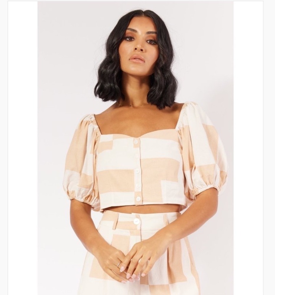 Girl and the Sun Tan White Gingham Puff Sleeve Crop Top Cottagecore M